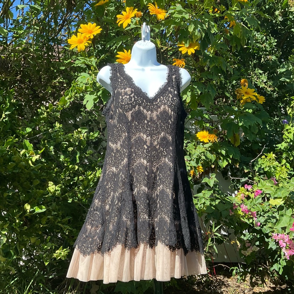 Adam Black Lace Mini Dress with Cream Hem